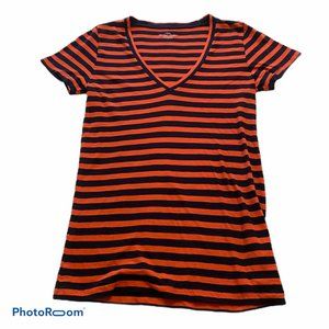 J. Crew Vintage Cotton Womens Small Pullover Orange Blue Striped V Neck Casual